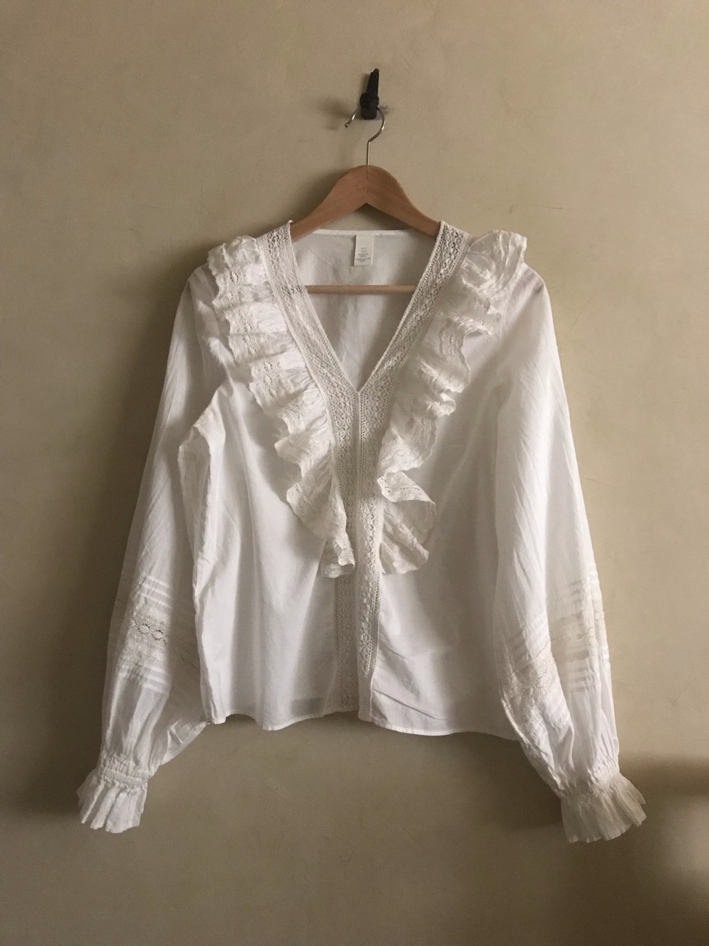 White Cotton Ruffled V-Neck Blouse